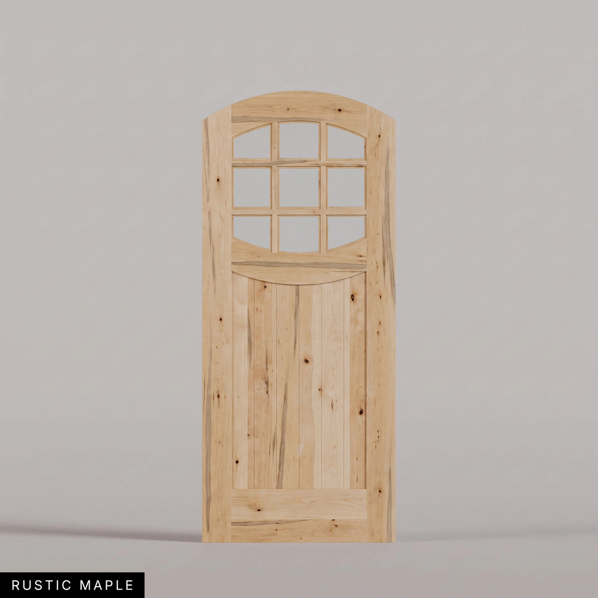 Portofino arched door in Rustic Maple, with nine upper glass panes and a vertical-plank lower panel. Labeled wood species view.