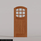 Portofino arched door in Sapele Mahogany, with nine upper glass panes and a vertical-plank lower panel. Labeled wood species view.
