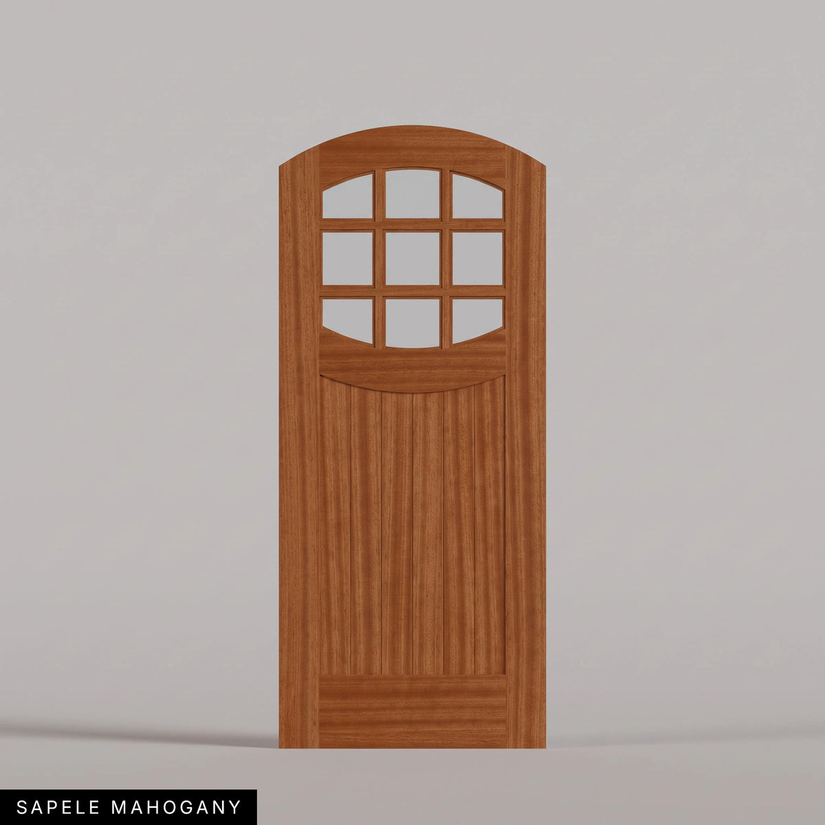 Portofino arched door in Sapele Mahogany, with nine upper glass panes and a vertical-plank lower panel. Labeled wood species view.