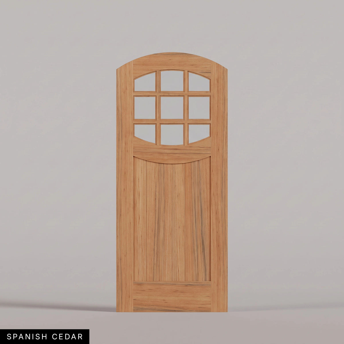 Portofino arched door in Spanish Cedar, with nine upper glass panes and a vertical-plank lower panel. Labeled wood species view.