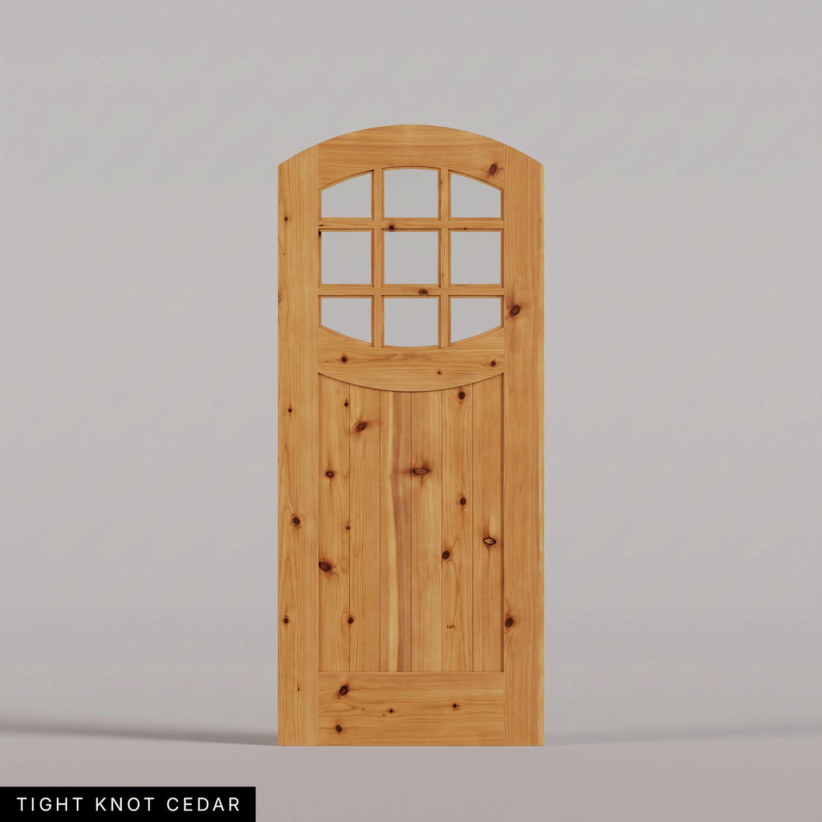 Portofino arched door in Tight Knot Cedar, with nine upper glass panes and a vertical-plank lower panel. Labeled wood species view.