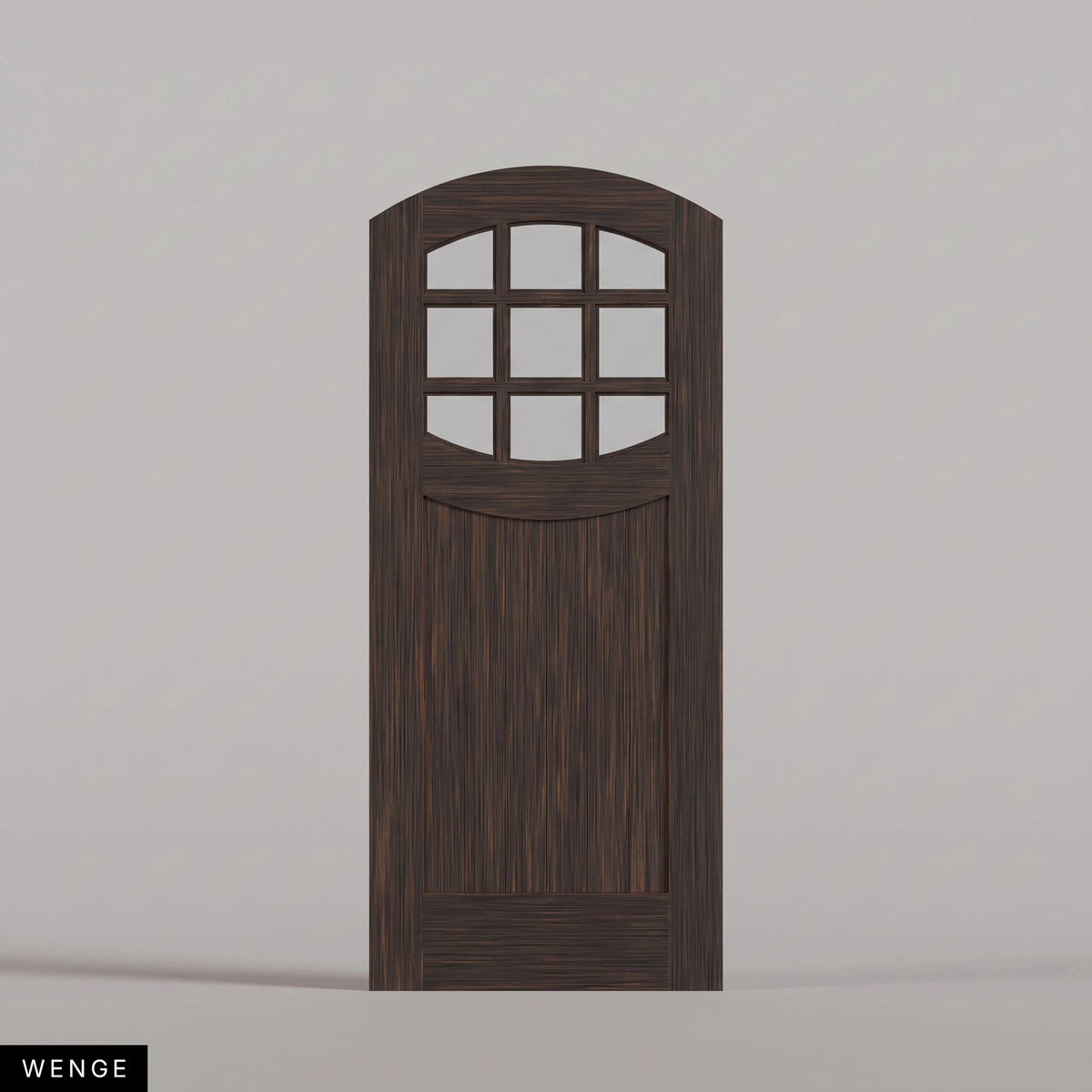 Portofino arched door in Wenge, with nine upper glass panes and a vertical-plank lower panel. Labeled wood species view.
