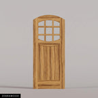 Portofino arched door in Zebrawood, with nine upper glass panes and a vertical-plank lower panel. Labeled wood species view.
