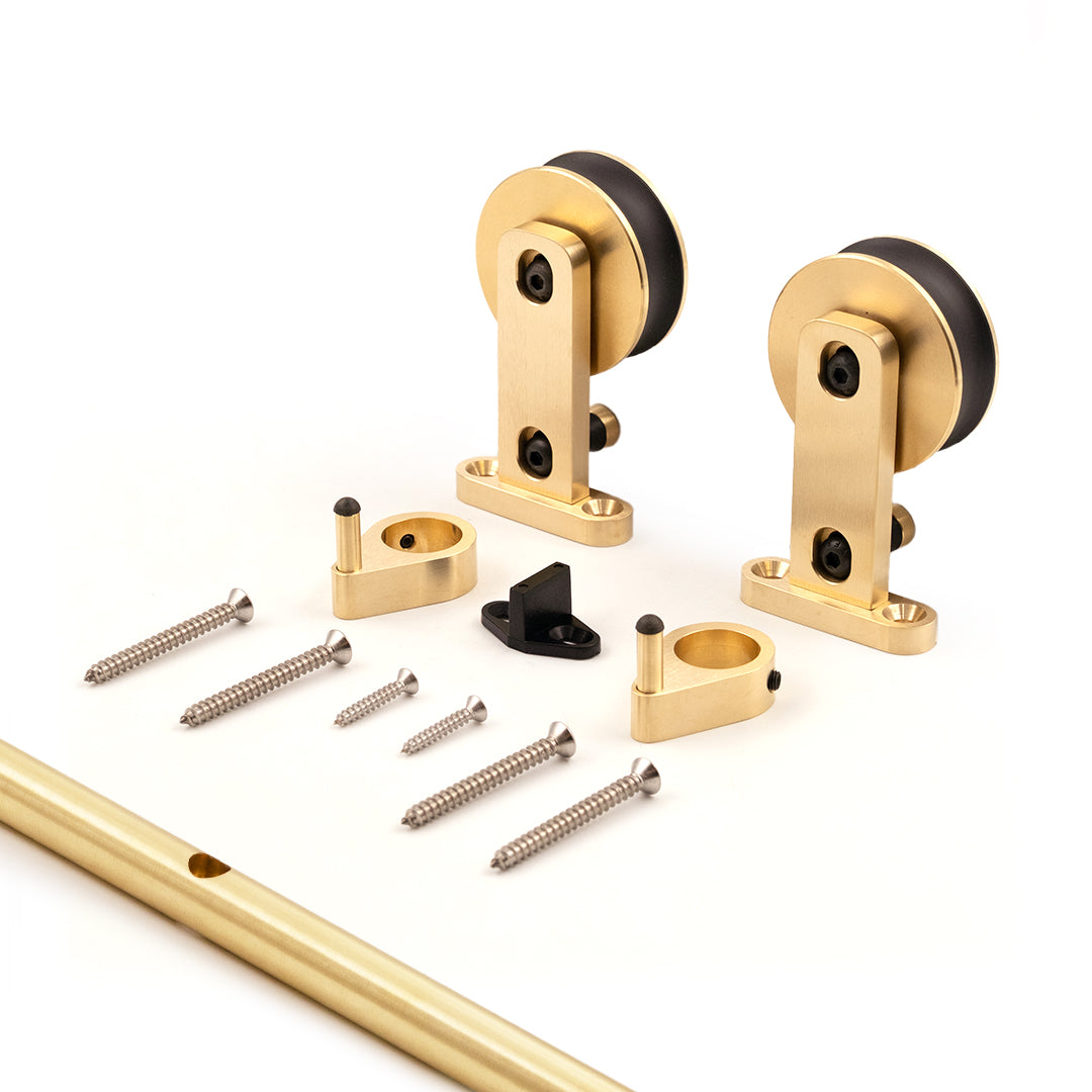 Brass Swiss Rod hanger closeup in context side angle view