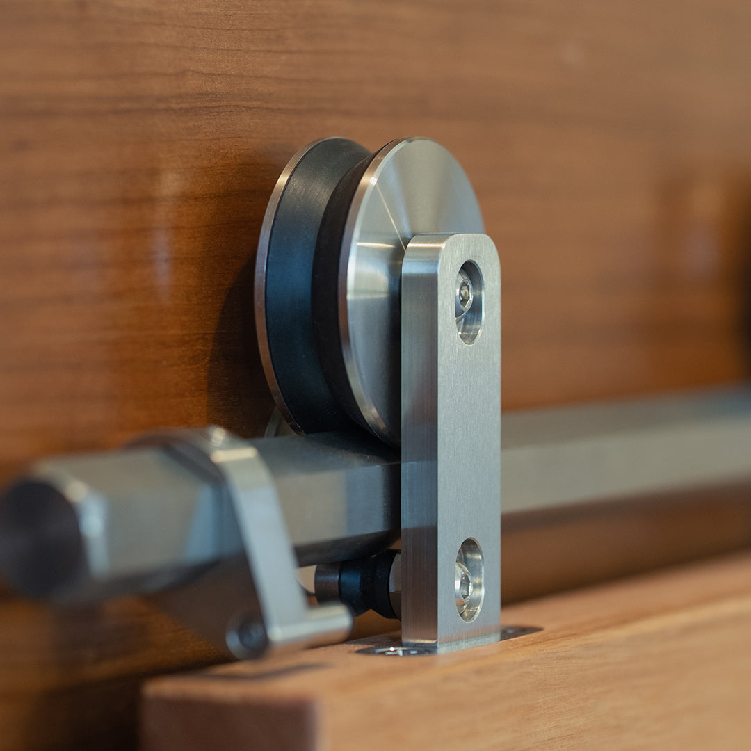 Stainless Steel Swiss Rod hanger closeup in context side angle 