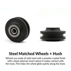 RealCraft  Classic Flat Track barn door hardware Steel Matched Wheels + Hush 

