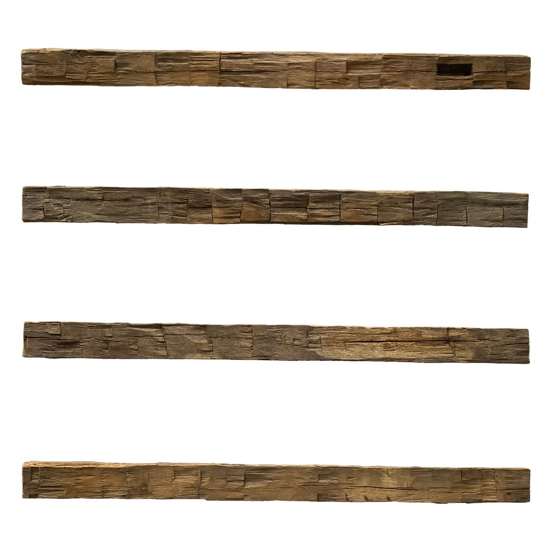 A hand hewn wood beam. Stacked pictures  off all angles.