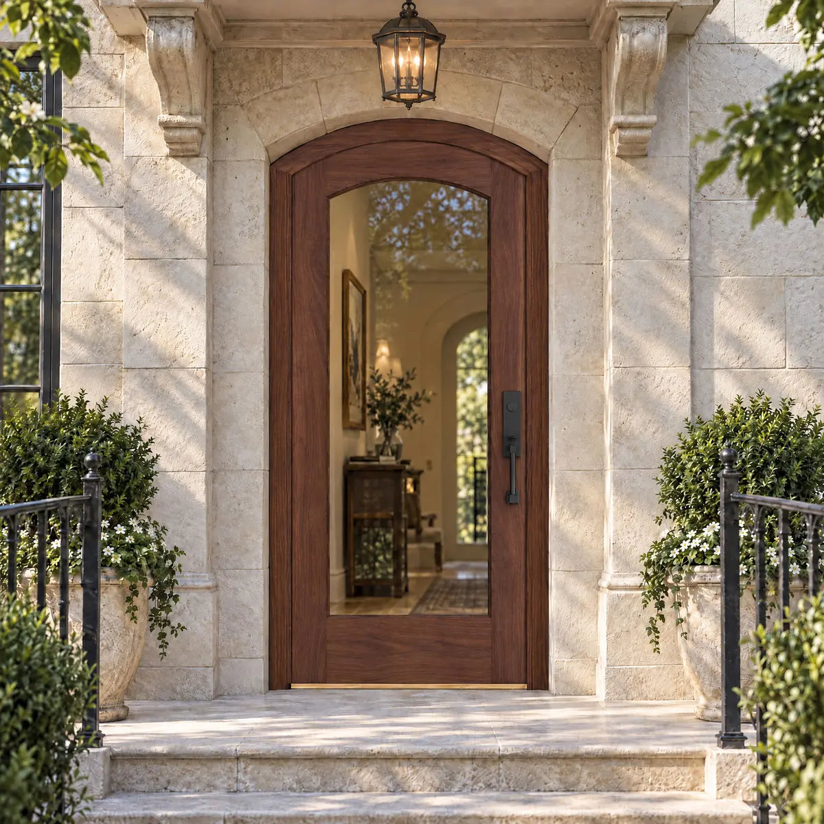 RealCraft Amalfi arched door in Black Walnut, beneath a projecting stone canopy with a hanging lantern.