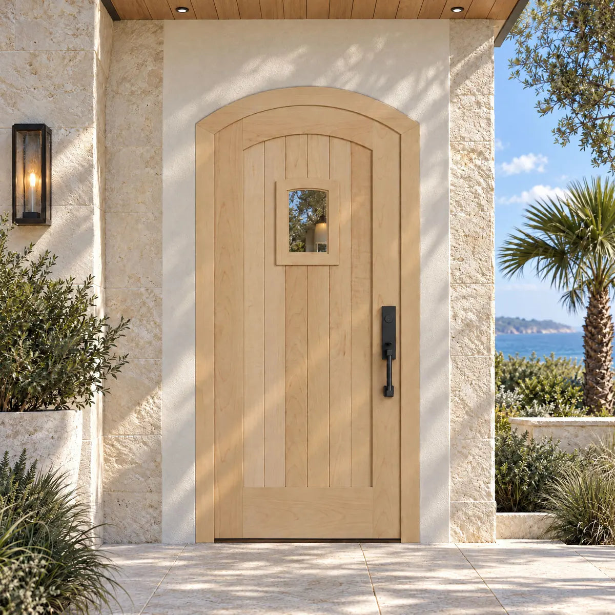 RealCraft Modena arched door in Maple, beneath a high covered entry in a coastal setting.