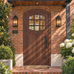 RealCraft Portofino arched door in Black Walnut, in a brick entry beneath a dark-framed wood-soffit canopy.