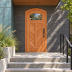 RealCraft Sorrento Cherry arched entry door with an upper glass lite and diagonal lower boards at a New York-inspired contemporary stoop with an oxidized-green facade.
