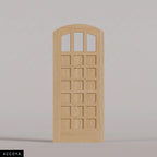 Rialto arched door in Accoya, with three upper glass panes and rectangular wood panels. Labeled wood species view.