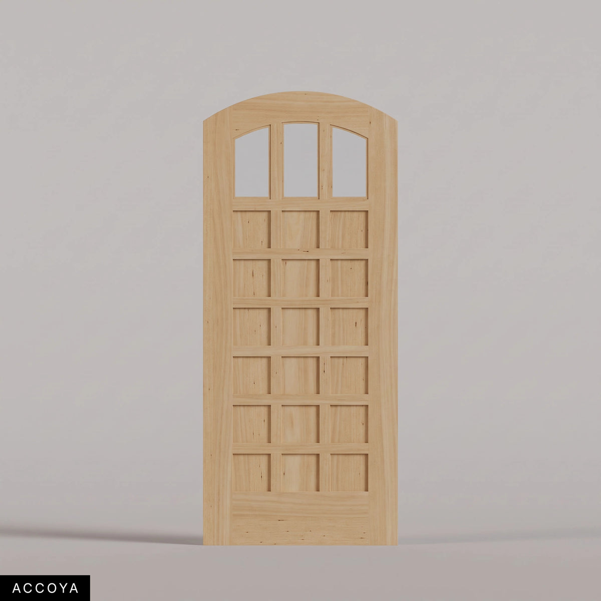 Rialto arched door in Accoya, with three upper glass panes and rectangular wood panels. Labeled wood species view.