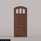 Rialto arched door in Black Walnut, with three upper glass panes and rectangular wood panels. Labeled wood species view.