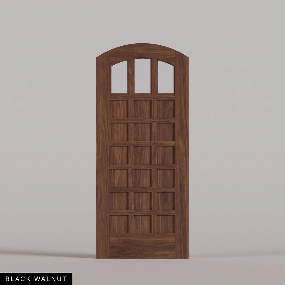 Rialto arched door in Black Walnut, with three upper glass panes and rectangular wood panels. Labeled wood species view.