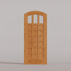 Rialto arched door in Cherry, with three upper glass panes and rectangular wood panels.
