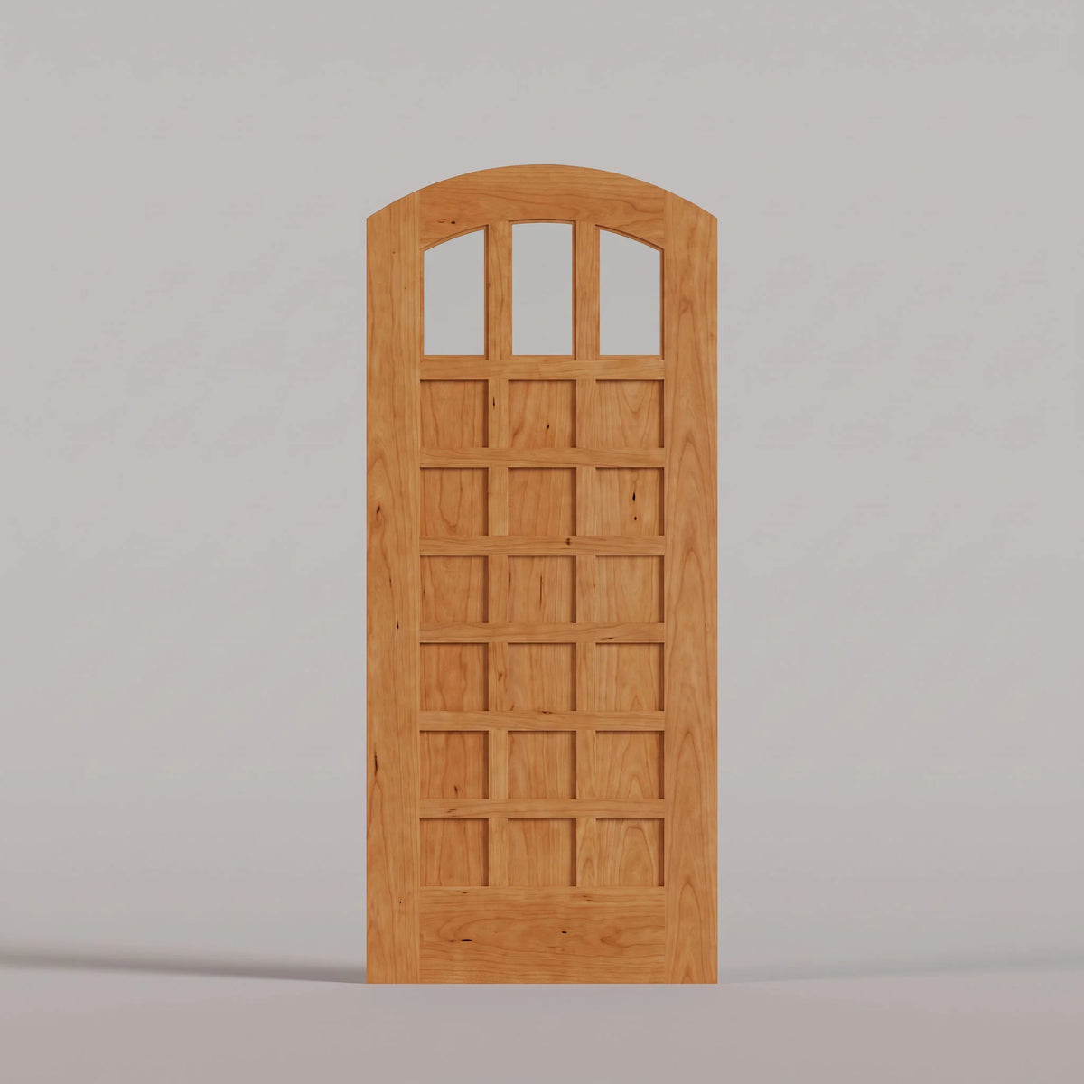 Rialto arched door in Cherry, with three upper glass panes and rectangular wood panels.