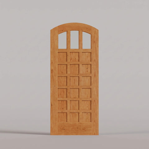 Rialto arched door in Cherry, with three upper glass panes and rectangular wood panels.