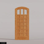 Rialto arched door in Cherry, with three upper glass panes and rectangular wood panels. Labeled wood species view.