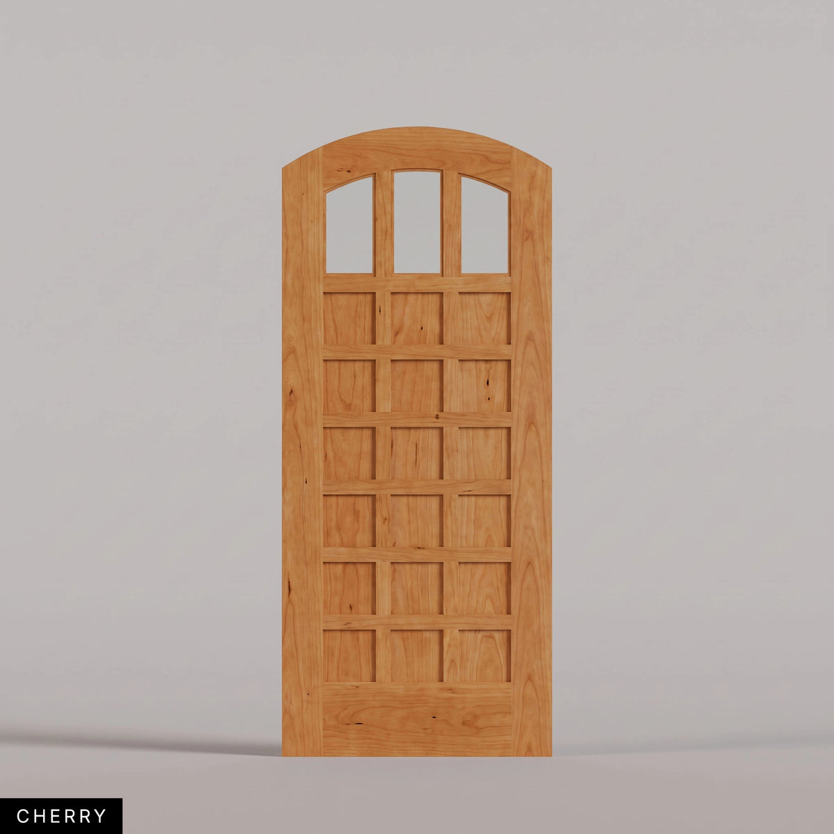 Rialto arched door in Cherry, with three upper glass panes and rectangular wood panels. Labeled wood species view.
