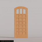 Rialto arched door in Clear Douglas Fir, with three upper glass panes and rectangular wood panels. Labeled wood species view.