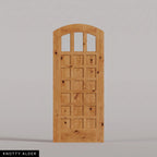 Rialto arched door in Knotty Alder, with three upper glass panes and rectangular wood panels. Labeled wood species view.