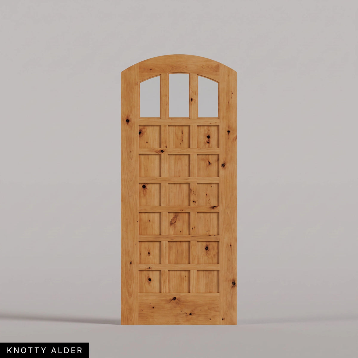 Rialto arched door in Knotty Alder, with three upper glass panes and rectangular wood panels. Labeled wood species view.