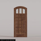 Rialto arched door in Knotty Black Walnut, with three upper glass panes and rectangular wood panels. Labeled wood species view.