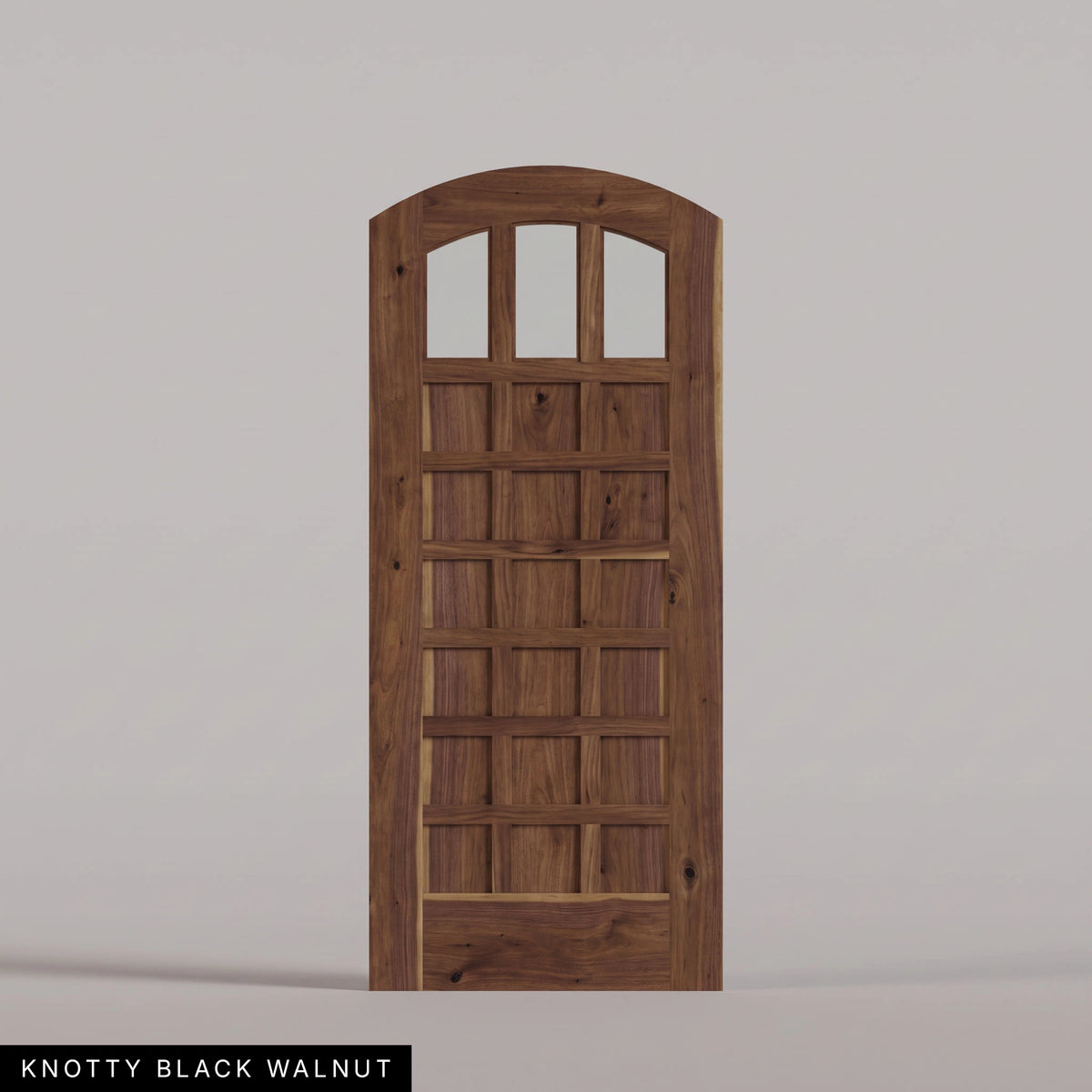 Rialto arched door in Knotty Black Walnut, with three upper glass panes and rectangular wood panels. Labeled wood species view.