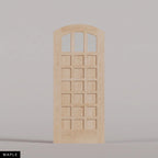 Rialto arched door in Maple, with three upper glass panes and rectangular wood panels. Labeled wood species view.