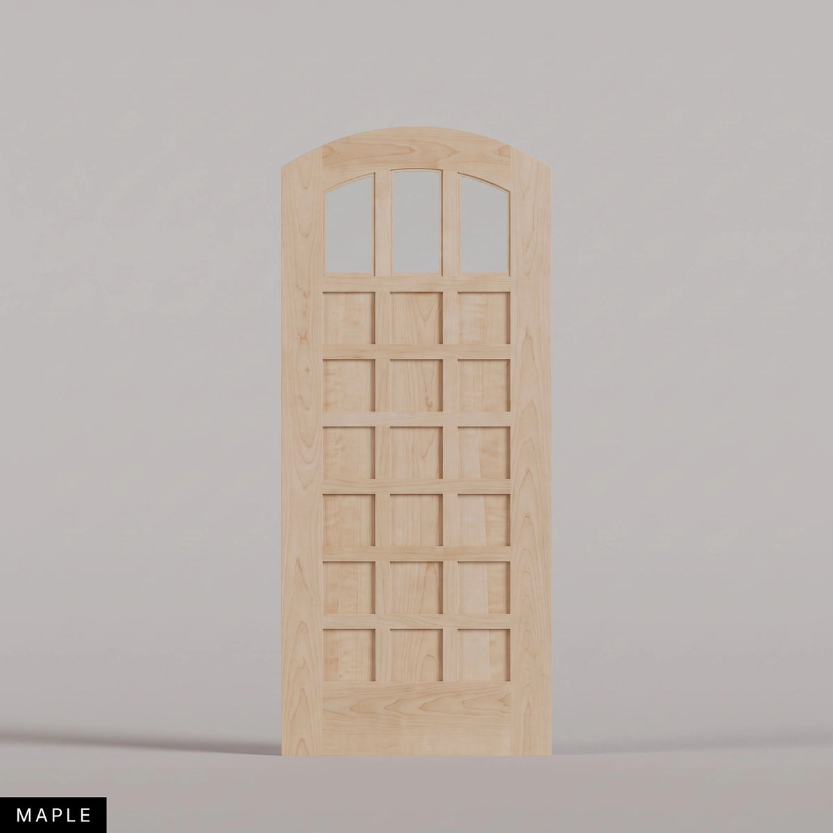 Rialto arched door in Maple, with three upper glass panes and rectangular wood panels. Labeled wood species view.
