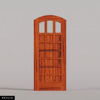 Rialto arched door in Padauk, with three upper glass panes and rectangular wood panels. Labeled wood species view.
