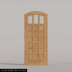 Rialto arched door in Plain Sawn White Oak, with three upper glass panes and rectangular wood panels. Labeled wood species view.
