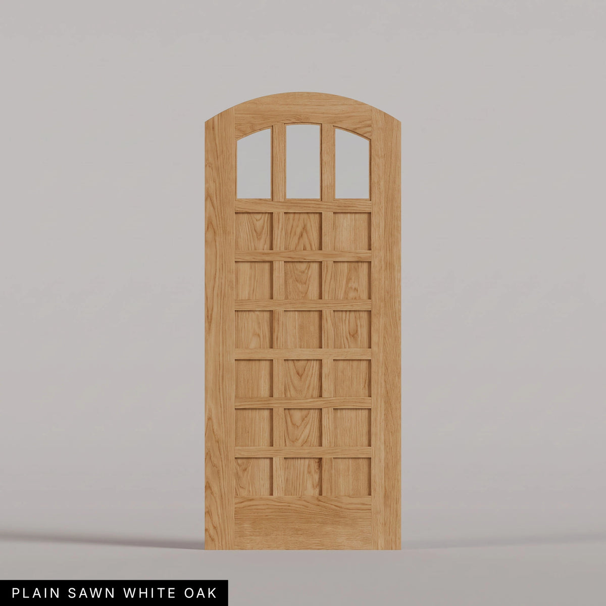 Rialto arched door in Plain Sawn White Oak, with three upper glass panes and rectangular wood panels. Labeled wood species view.