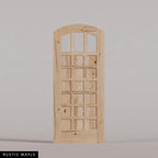 Rialto arched door in Rustic Maple, with three upper glass panes and rectangular wood panels. Labeled wood species view.