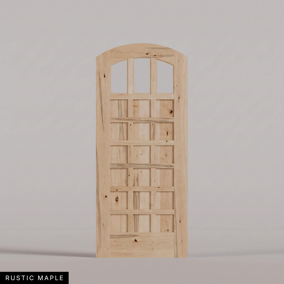 Rialto arched door in Rustic Maple, with three upper glass panes and rectangular wood panels. Labeled wood species view.