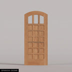 Rialto arched door in Spanish Cedar, with three upper glass panes and rectangular wood panels. Labeled wood species view.