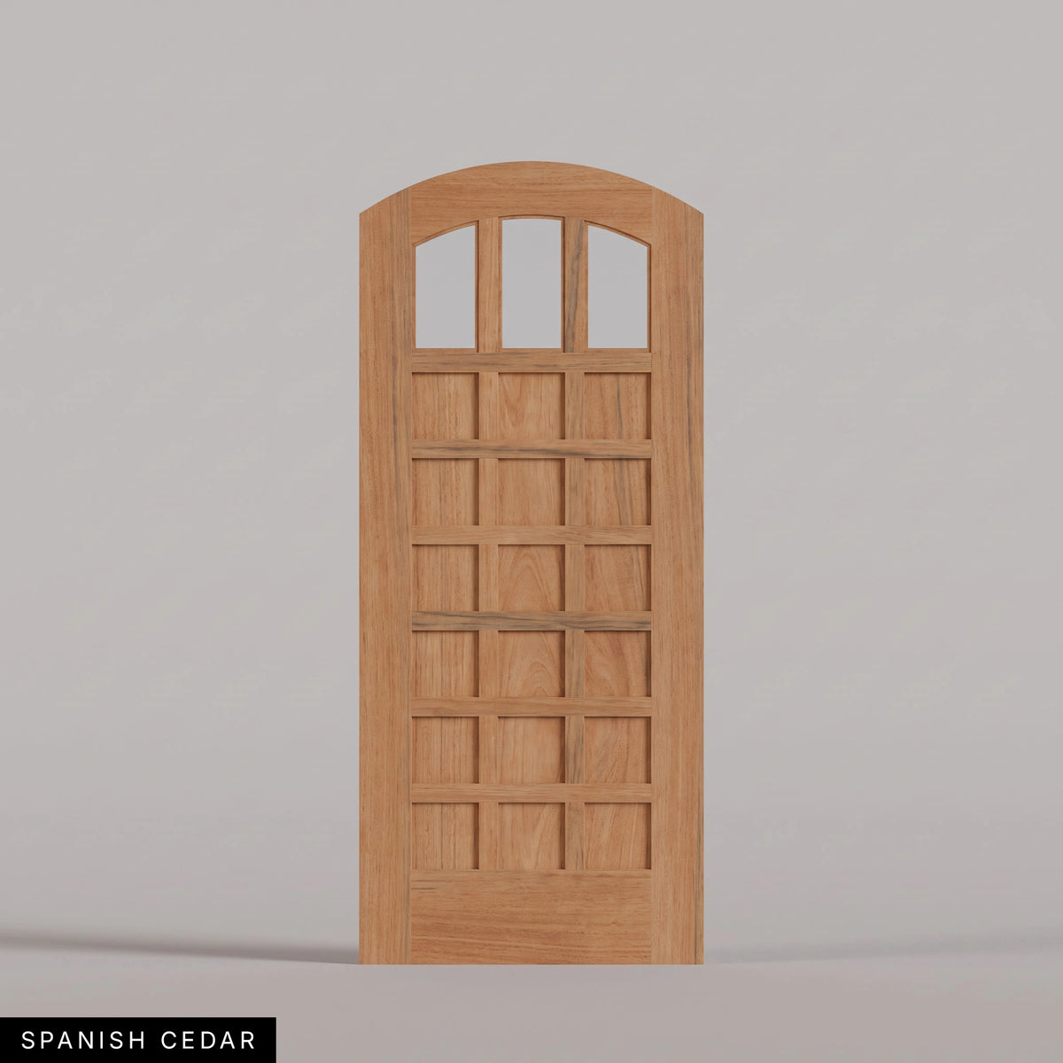 Rialto arched door in Spanish Cedar, with three upper glass panes and rectangular wood panels. Labeled wood species view.