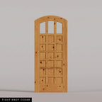 Rialto arched door in Tight Knot Cedar, with three upper glass panes and rectangular wood panels. Labeled wood species view.