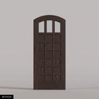 Rialto arched door in Wenge, with three upper glass panes and rectangular wood panels. Labeled wood species view.