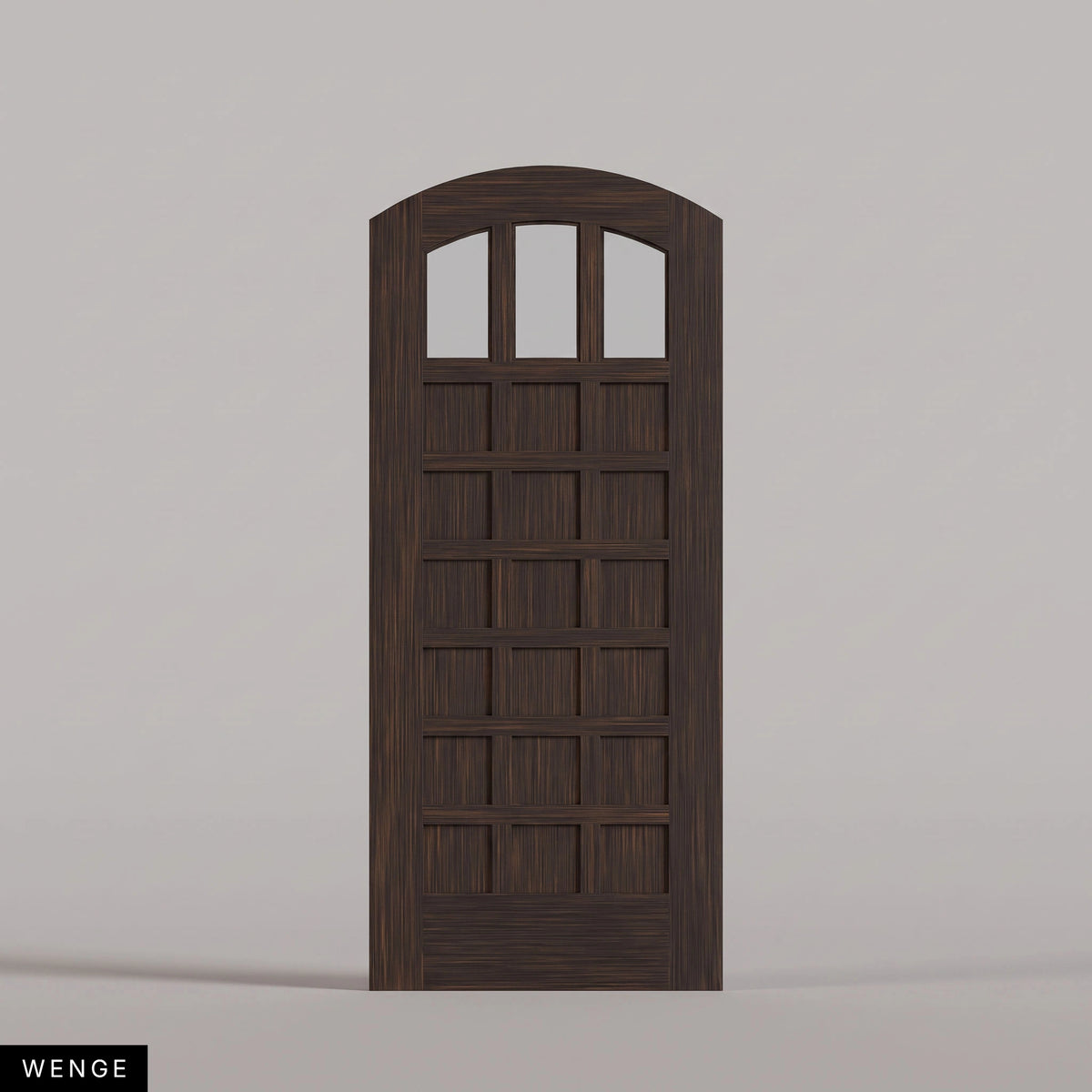 Rialto arched door in Wenge, with three upper glass panes and rectangular wood panels. Labeled wood species view.