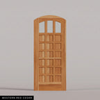 Rialto arched door in Western Red Cedar, with three upper glass panes and rectangular wood panels. Labeled wood species view.
