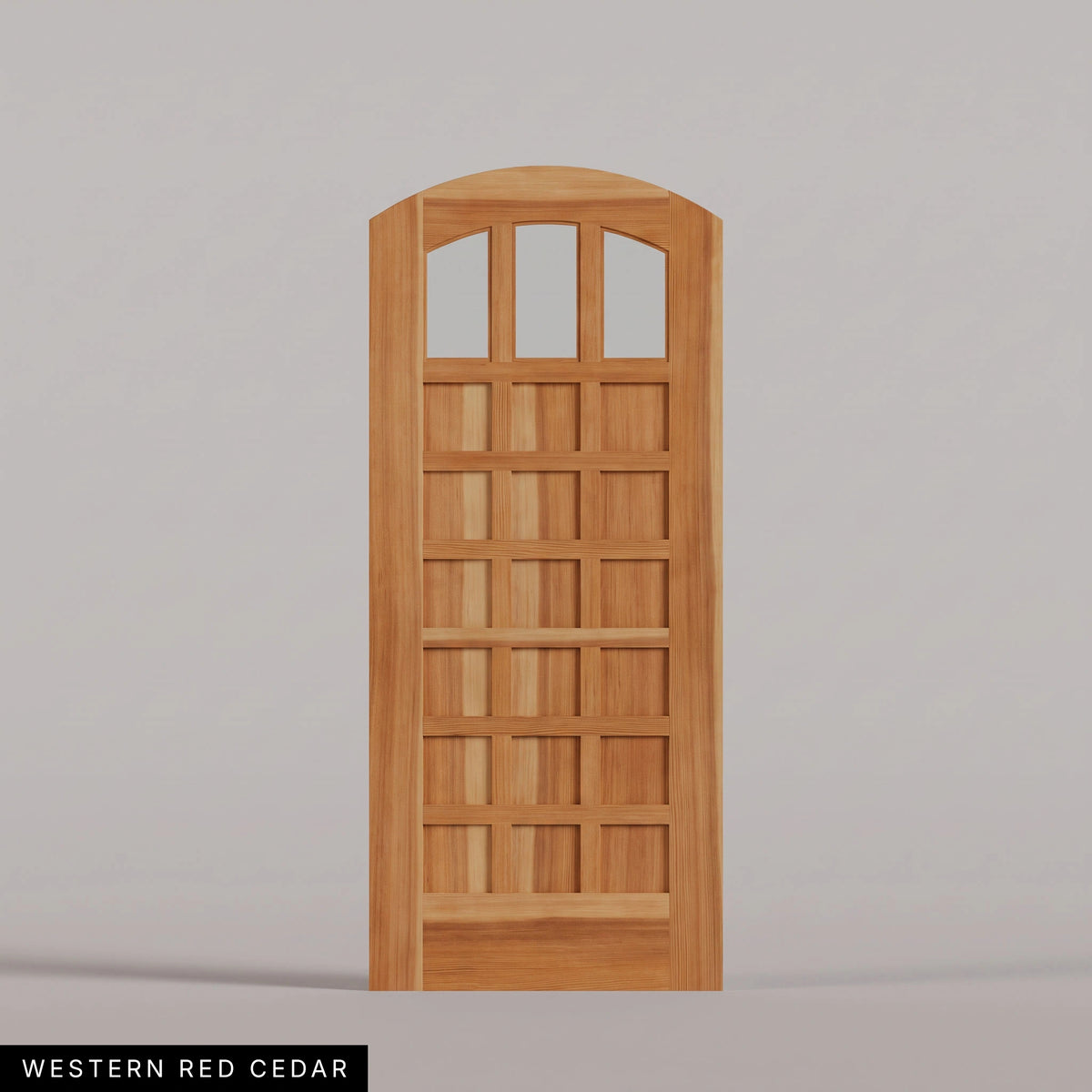 Rialto arched door in Western Red Cedar, with three upper glass panes and rectangular wood panels. Labeled wood species view.