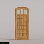 Rialto arched door in Zebrawood, with three upper glass panes and rectangular wood panels. Labeled wood species view.