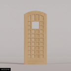 San Marco arched door in Accoya, with a square window surrounded by small wood panels. Labeled wood species view.