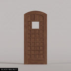 San Marco arched door in Black Walnut, with a square window surrounded by small wood panels. Labeled wood species view.