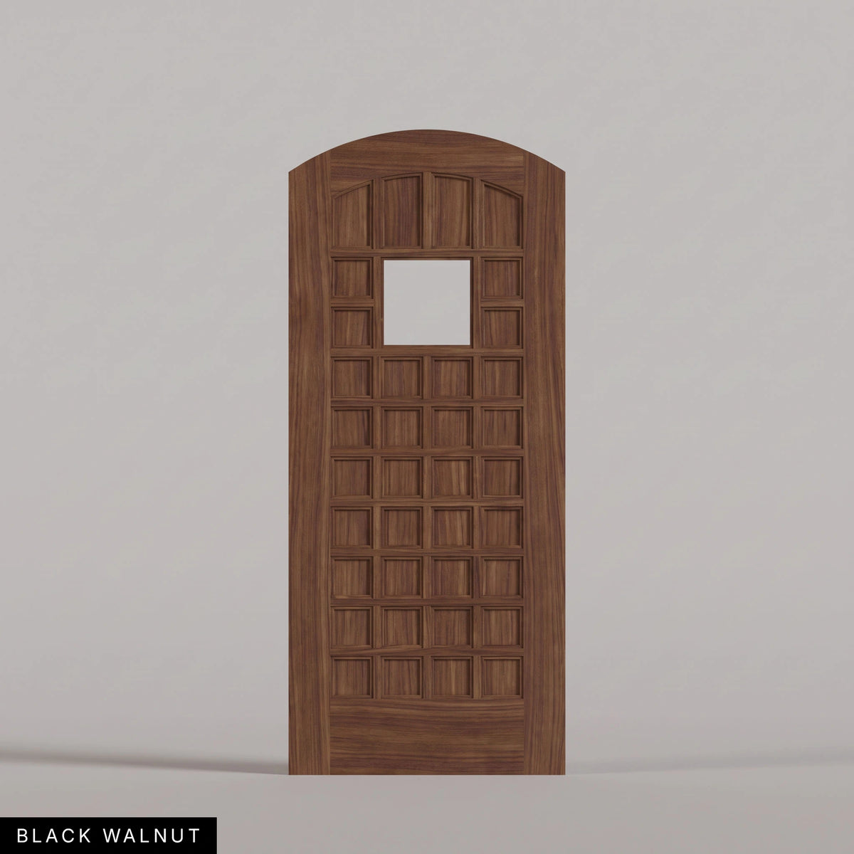 San Marco arched door in Black Walnut, with a square window surrounded by small wood panels. Labeled wood species view.