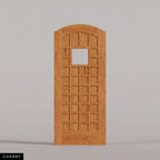 San Marco arched door in Cherry, with a square window surrounded by small wood panels. Labeled wood species view.