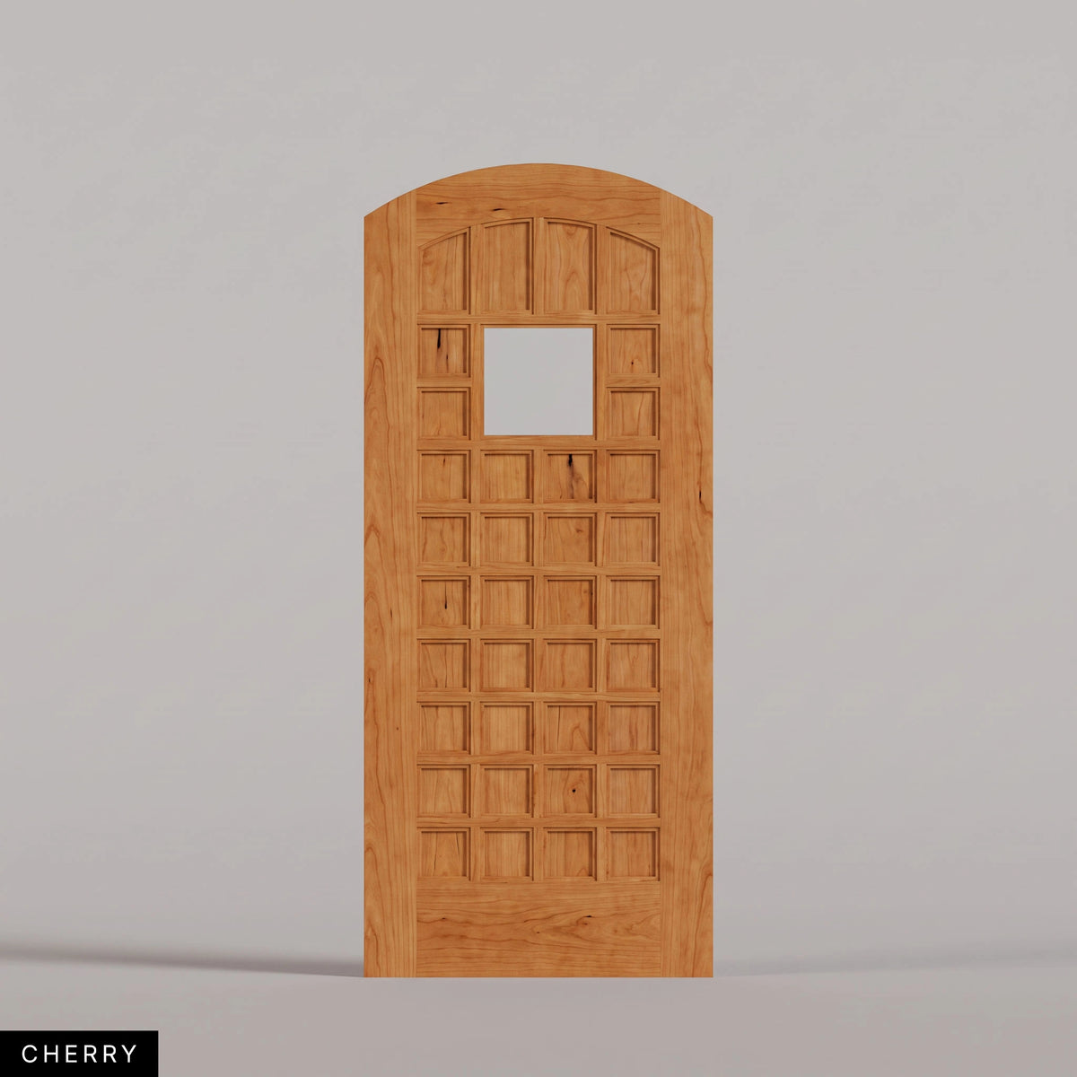 San Marco arched door in Cherry, with a square window surrounded by small wood panels. Labeled wood species view.