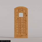 San Marco arched door in Knotty Alder, with a square window surrounded by small wood panels. Labeled wood species view.